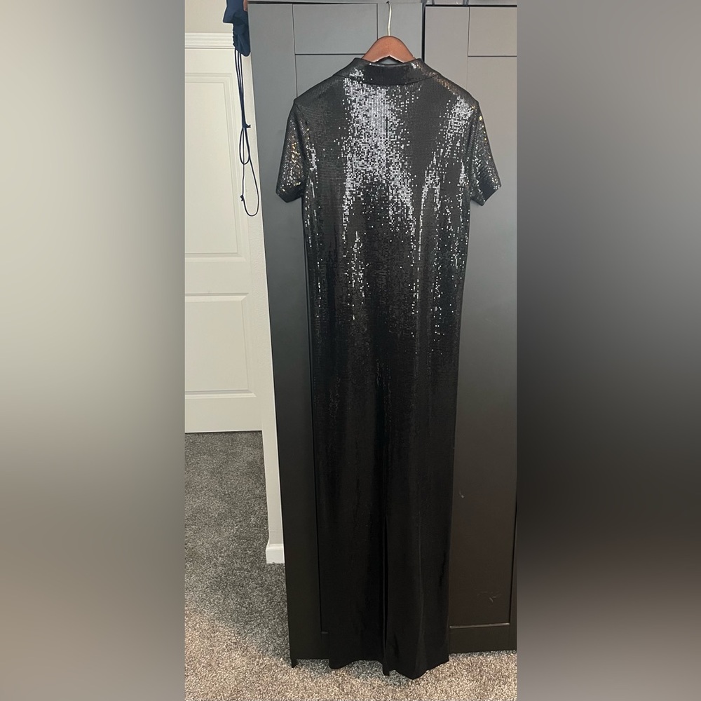 Ralph Lauren Collection Black Sequin Gown with Gold Logo, Purple Label Gown